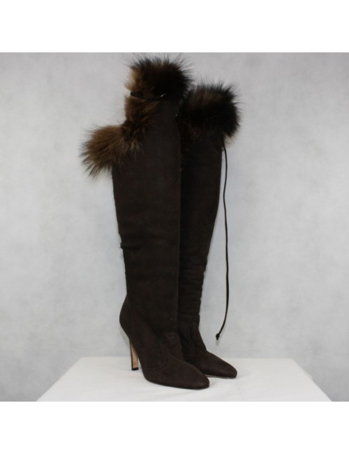 Manolo Blahnik Suede and Raccoon Fur Knee-High Boots Size US 7